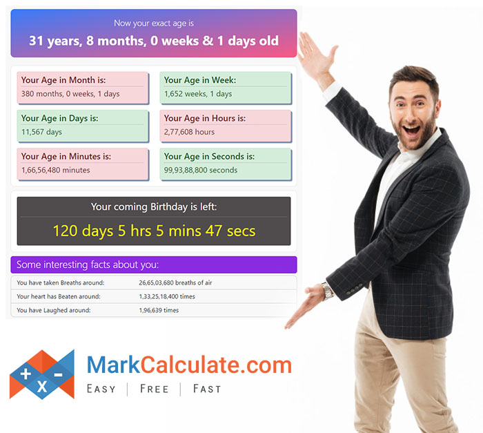 Whats my age 03-18-1991? Calculate your exact age easily and fast right now.